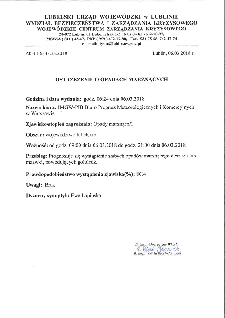 Ostrzeżenie o opadach marznących page 0