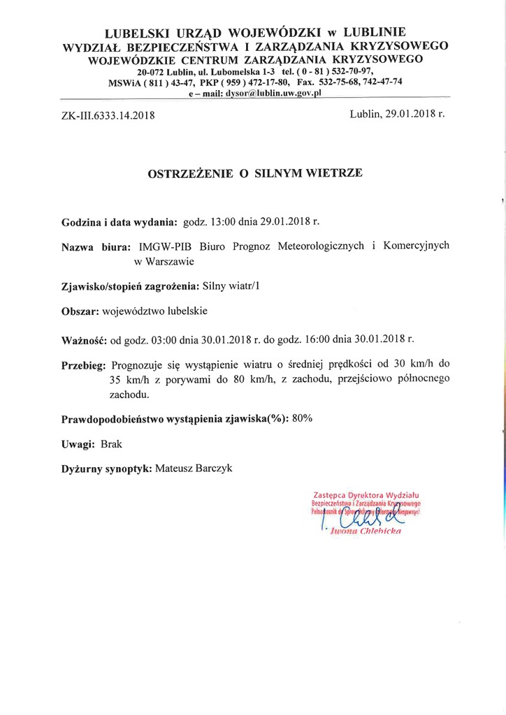 Ostrzeżenie o silnym wietrze 29.01.2018r. page 0
