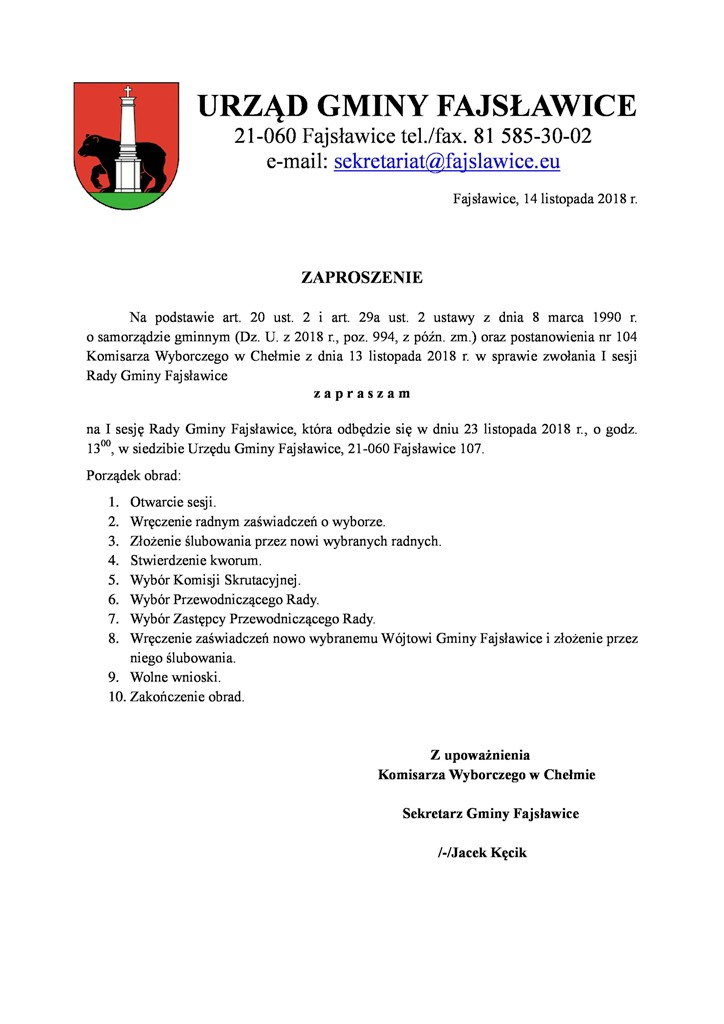 Zaproszenie na I sesję Rady Gminy page 0