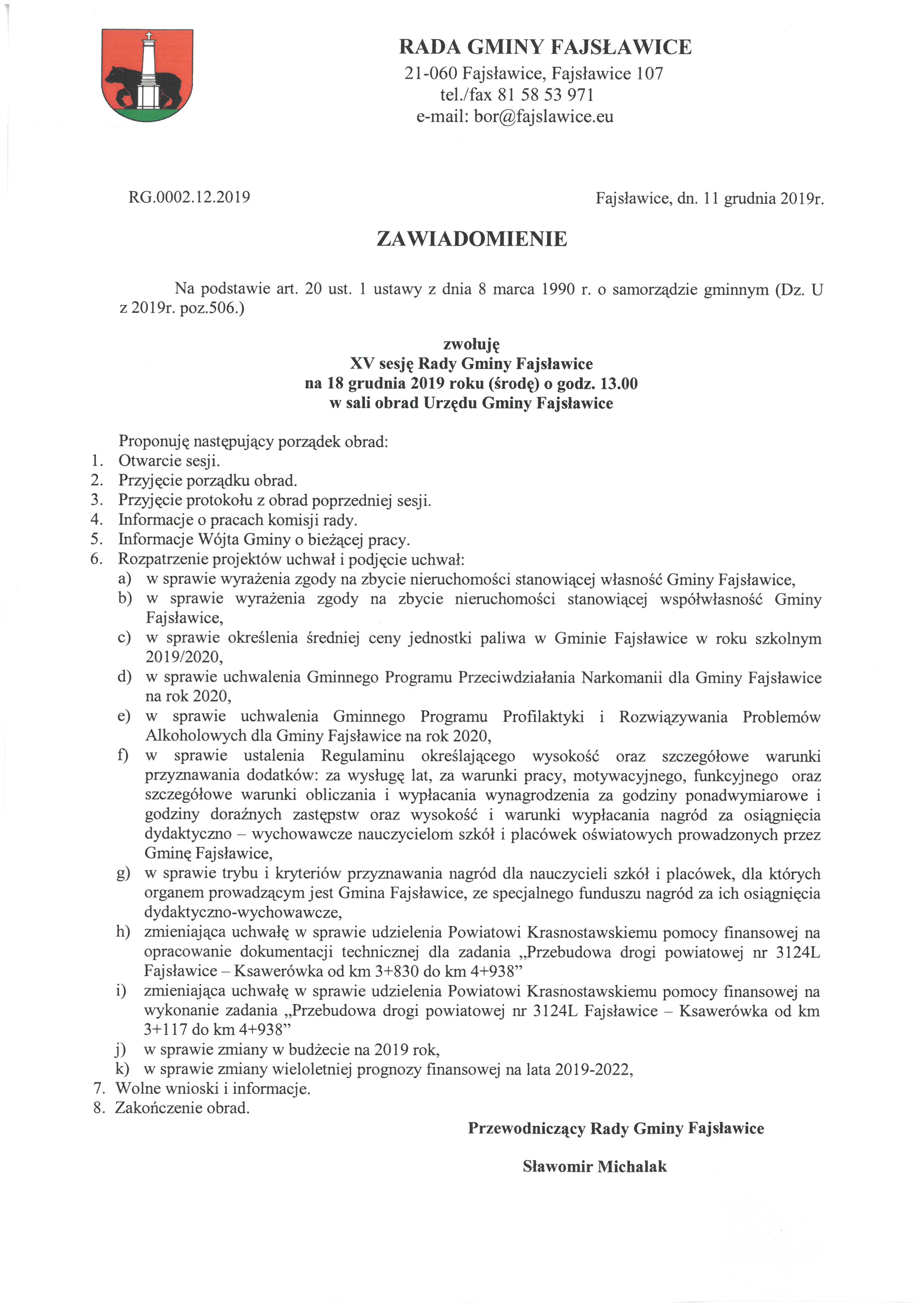 zawiadomienie na sesję XV