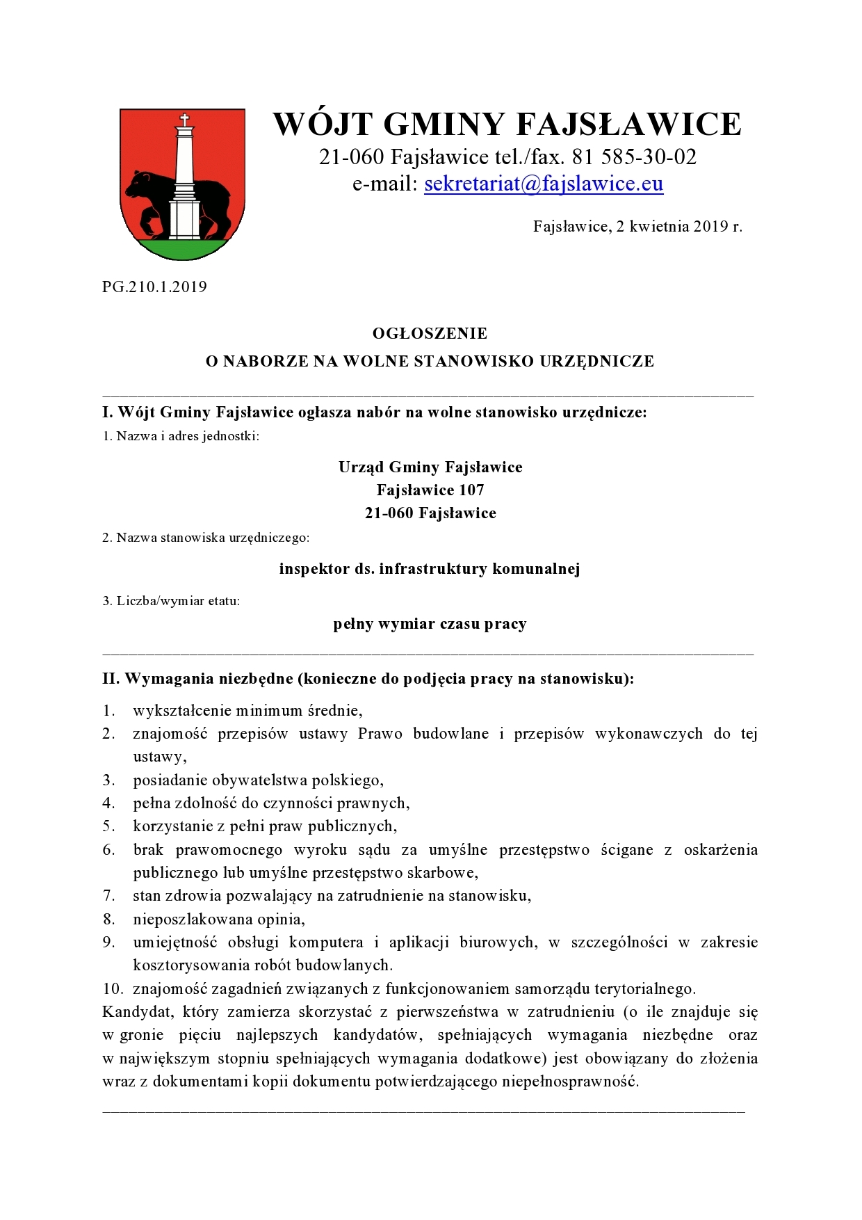 Ogłoszenie o naborze inspektor ds. infrastruktury komunalnej page0001