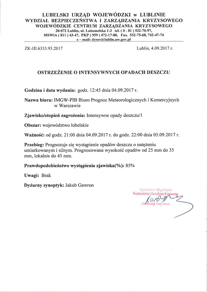 Ostrzeżenie o intensywnych opadach deszczu 4.09.2017 page 0